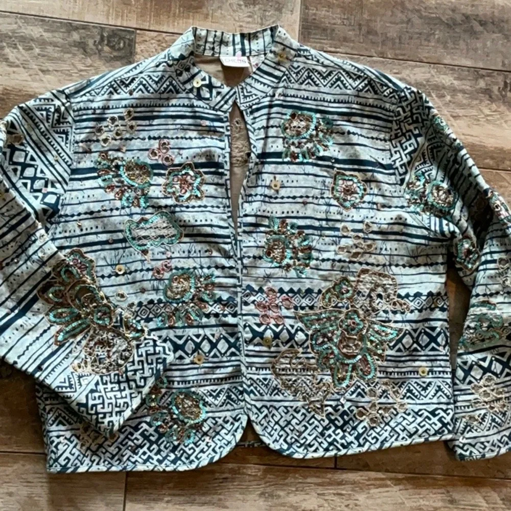 CHICOS‎ SIZE 3  12-14  Embroidered beaded ARTISAN INDIGO Women's Jacket -NWOT